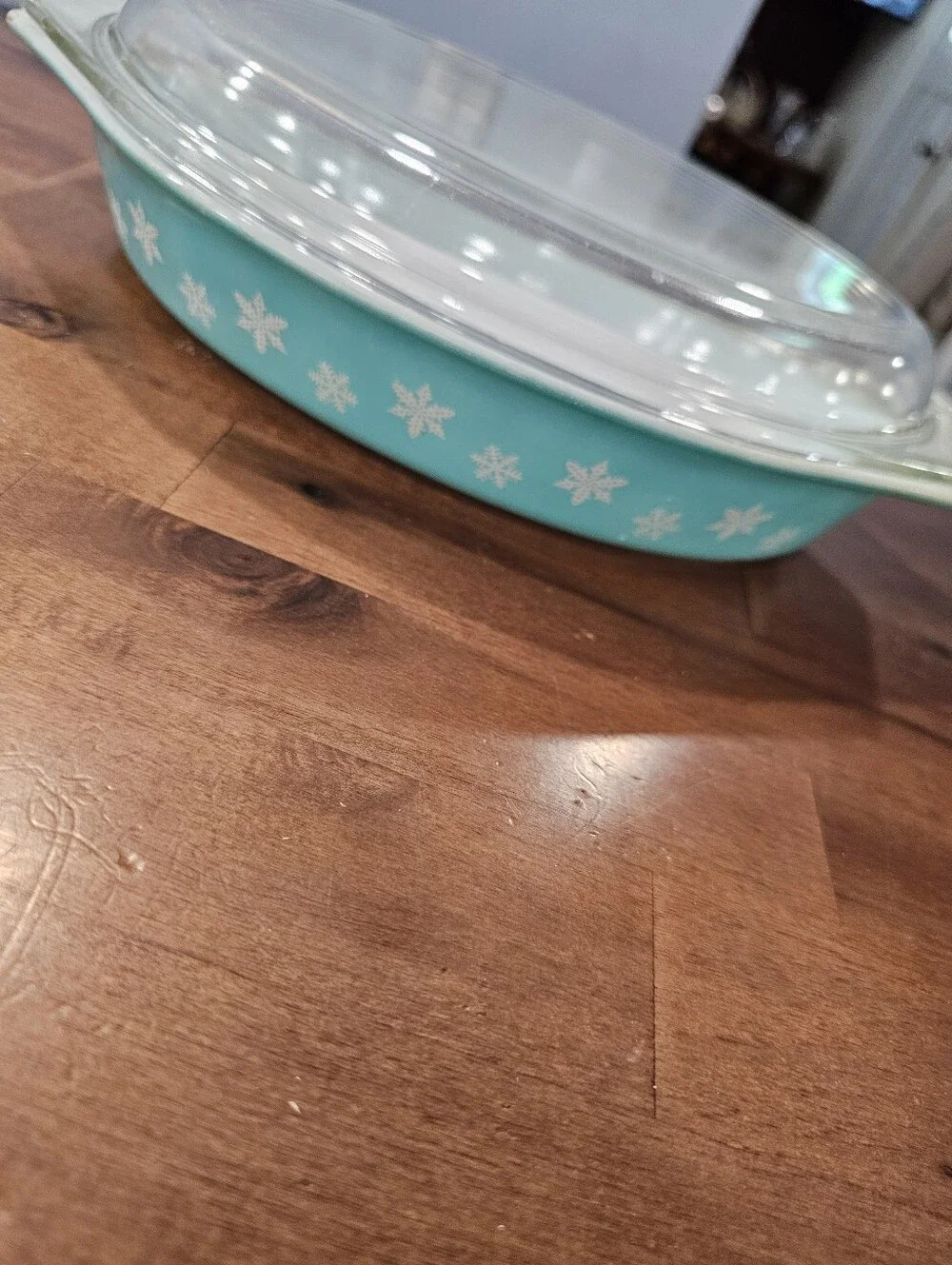 Vintage Pyrex Turquoise Snowflake Oval Casserole Dish Clear Glass Lid 1.5 Qt 043